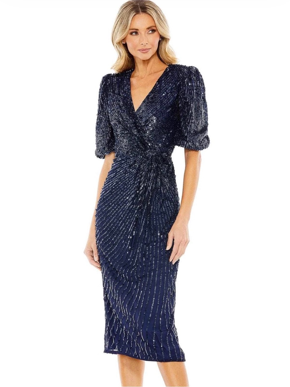 Mac Duggal Style 5578 Navy Sequin Midi Dress — Size 2 NWT